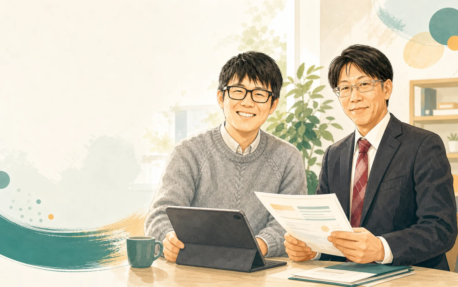 技術担当の山口真と営業担当の西村利之のイラスト